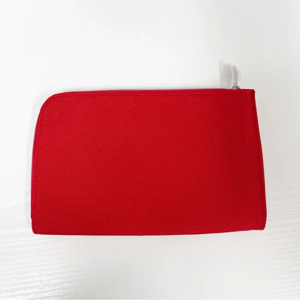 Christian Dior Beauty Red Canvas Zip Cosmetic Makeup Bag Flat Clutch Logo‎